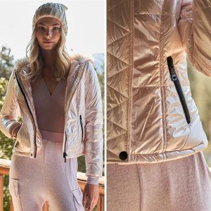 Long Sleeve Fuzzy Faux Fur Hood Padded Jacket - Rose